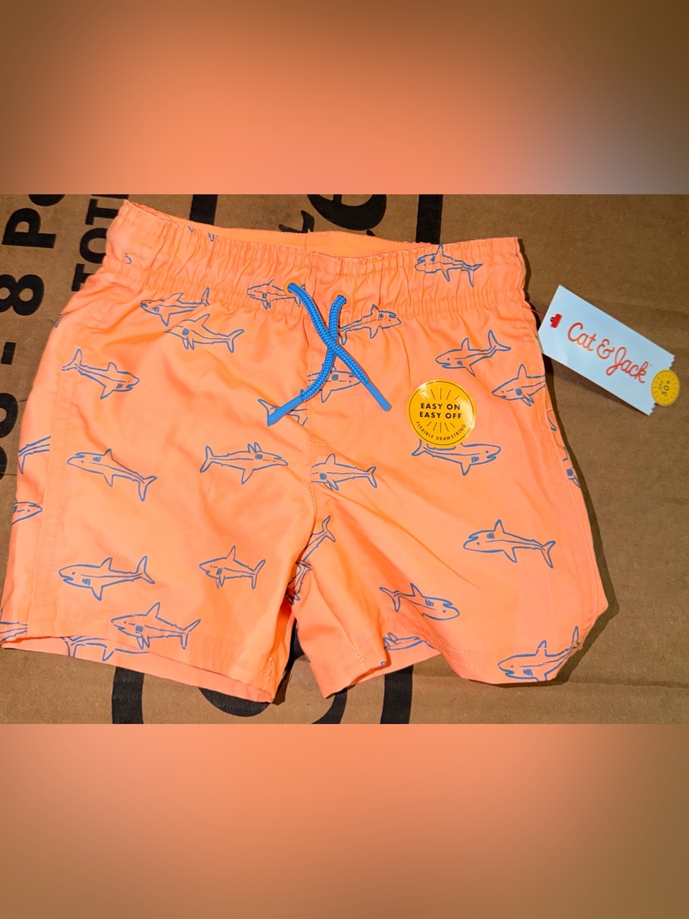 Target Cat & Jack Orange Shark Print Swim Trunks with Blue Drawstring